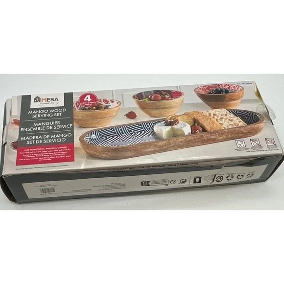 MESA Mango Wood Serving Set 4 Piece Ikat Geometric Patterns Tray & 3 Bowls NEW - Picture 5 of 16